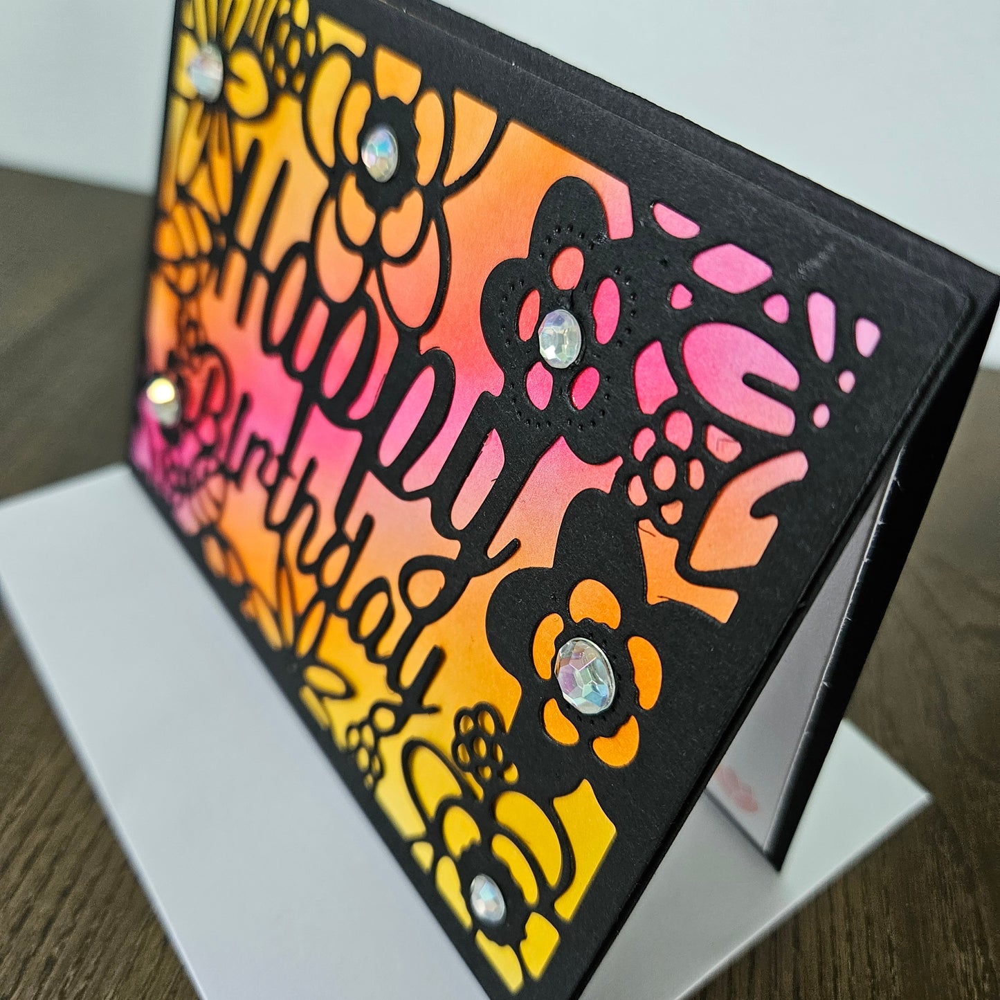 Handmade Birthday Card, Floral Die-Cut Greeting Card For Birthday, Black Overlay with Rainbow Ink Background, Happy Birthday Celebration Card