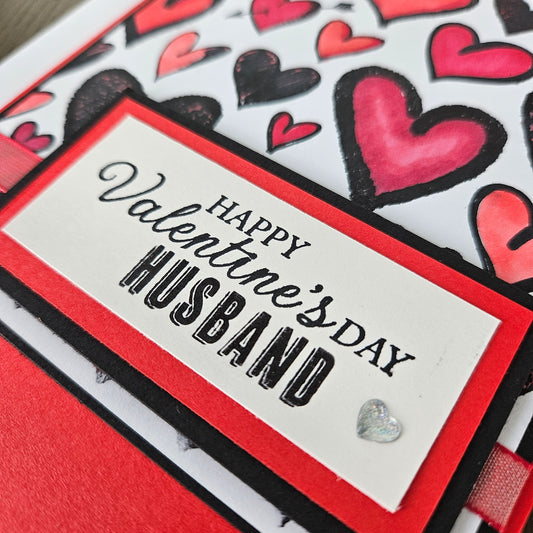 Handmade Valentine's Day Card For Husband, Hand-Colored Greeting Card, Red & Black Hearts