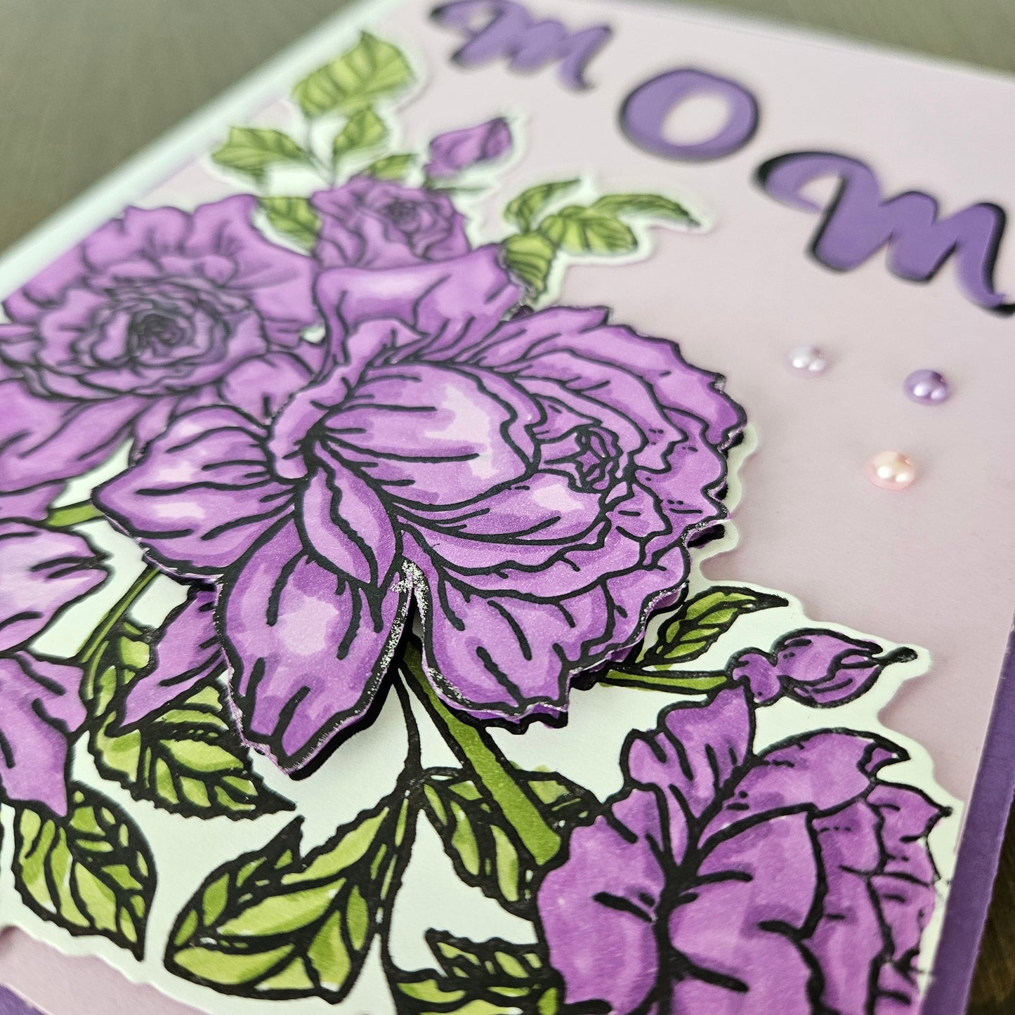 Handmade Mother’s Day Card, Purple Floral Decoupage Card, Personalized Greeting Card Gift for Mom, Step Mom, Bonus Mom. Purple Flowers Tiddly Pom Cards