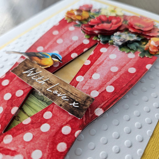 Handmade Thinking Of You Card, 3D Decoupage Just Because Greeting Card For Her, Red Boots & Vibrant Flowers Tiddly Pom Cards