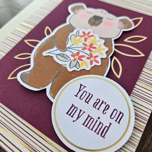 Handmade Thinking of You Card Bundle, Die-Cut Bear Design set of 3 plus FREE Bonus Card Tiddly Pom Cards