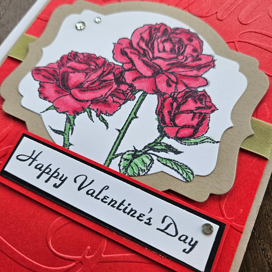 Handmade Valentine's Day Card, Hand colored Greeting Card, Red Roses Tiddly Pom Cards
