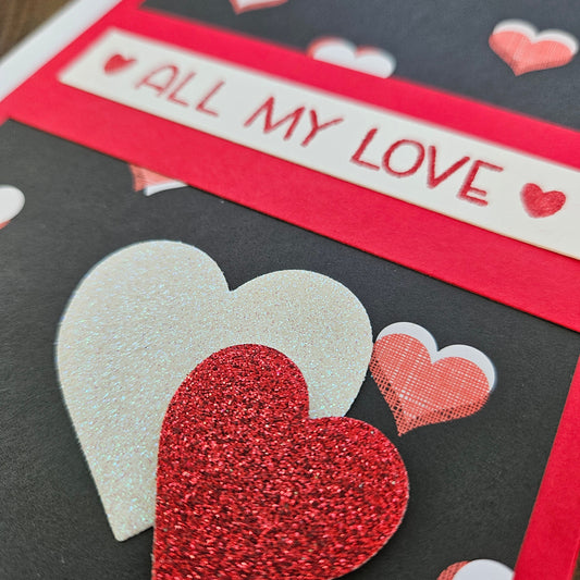 Handmade Valentine's Day Card, Hand-Colored Greeting Card, All My Love Tiddly Pom Cards
