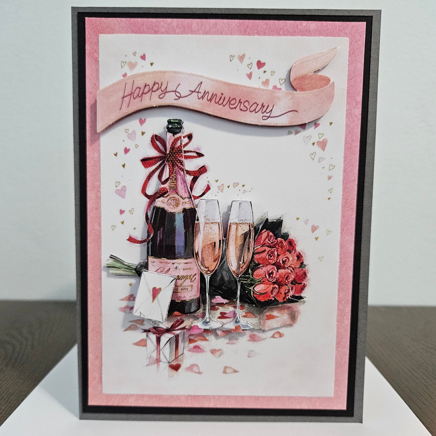 Handmade Anniversary Card, 3D Decoupage Greeting Card, Personalized Card For Couples, Romantic Champagne & Roses