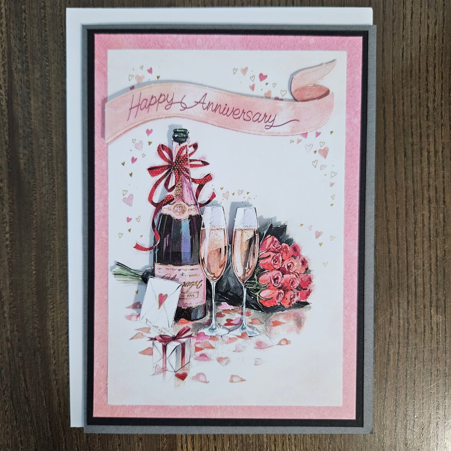 Handmade Anniversary Card, 3D Decoupage Greeting Card, Personalized Card For Couples, Romantic Champagne & Roses