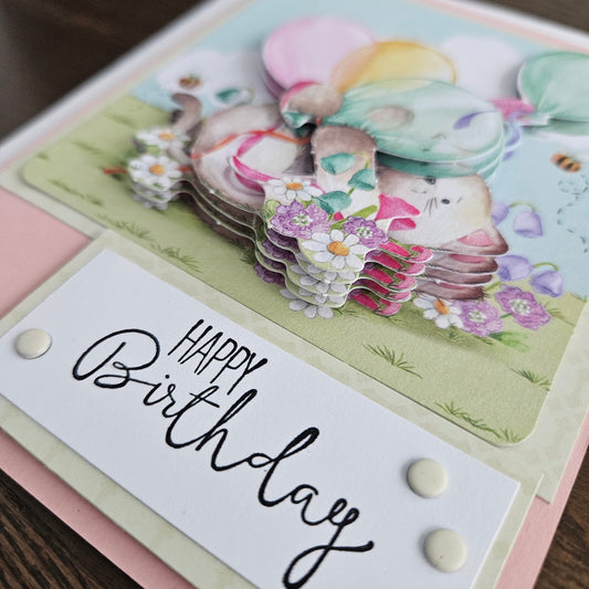 Handmade Birthday Card For Kids, Pastel 3D Decoupage Greeting Card, Adorable Cat with Balloons Tiddly Pom Cards