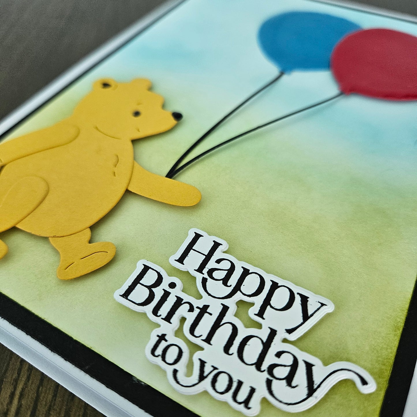 Handmade Winnie the Pooh Birthday Card, Die-Cut Hand-colored Card For Kids, Friendship Pooh Quote Card, Red and Blue Balloons, Crystal Effects