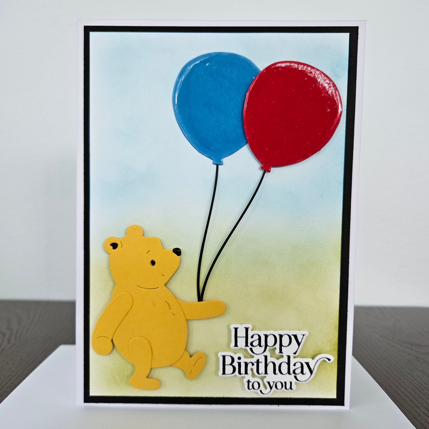 Handmade Winnie the Pooh Birthday Card, Die-Cut Hand-colored Card For Kids, Friendship Pooh Quote Card, Red and Blue Balloons, Crystal Effects