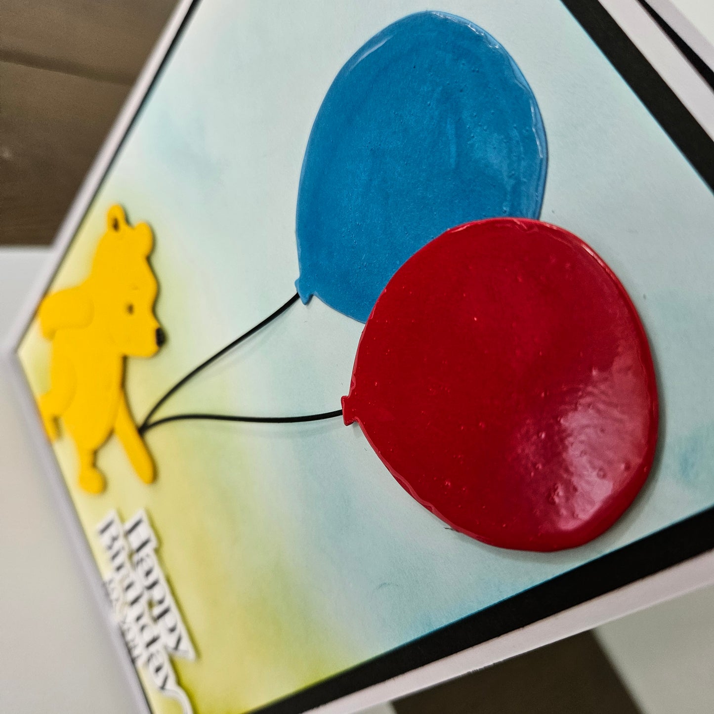 Handmade Winnie the Pooh Birthday Card, Die-Cut Hand-colored Card For Kids, Friendship Pooh Quote Card, Red and Blue Balloons, Crystal Effects