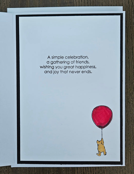 Handmade Winnie the Pooh Birthday Card, Die-Cut Hand-colored Card For Kids, Friendship Pooh Quote Card, Red and Blue Balloons, Crystal Effects Tiddly Pom Cards