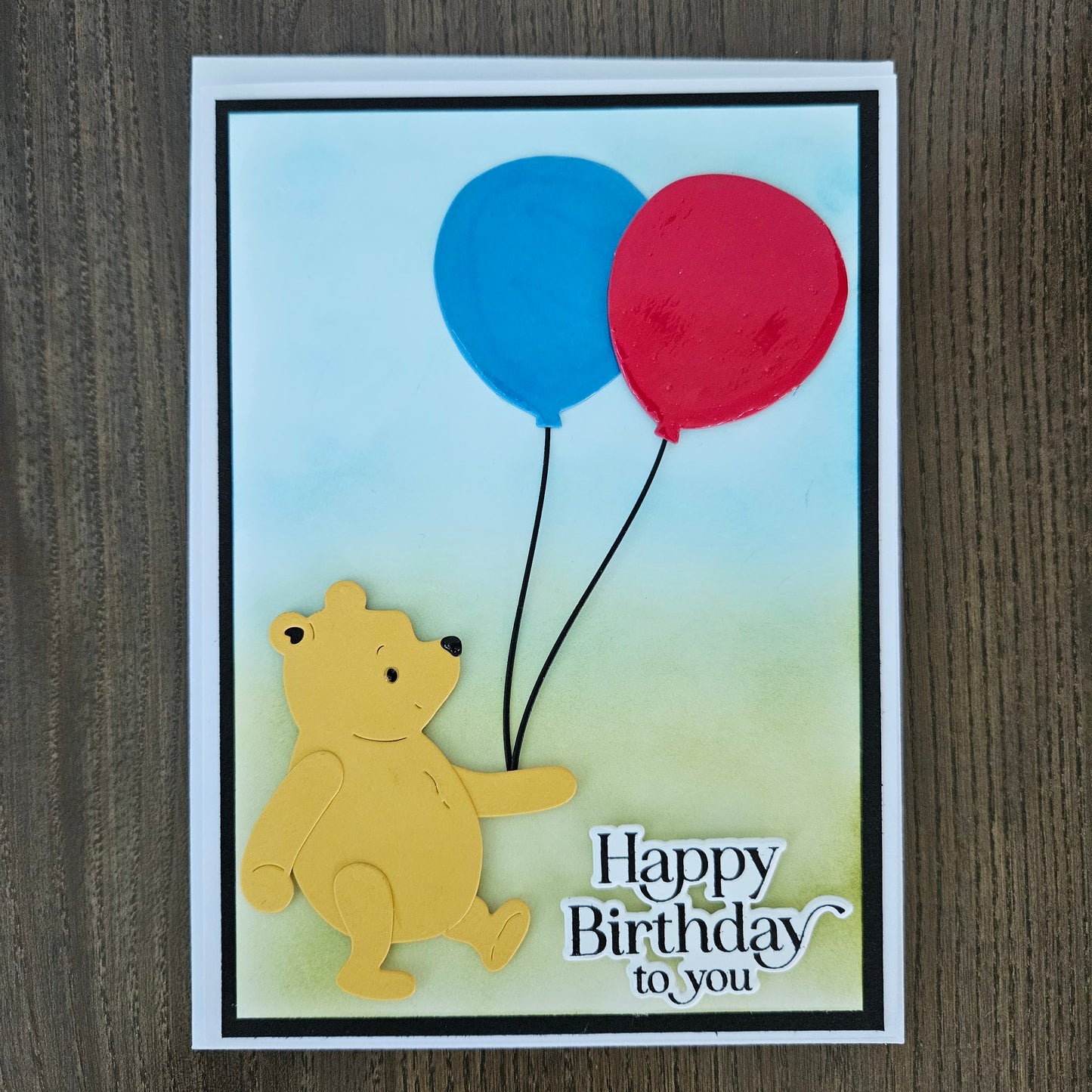 Handmade Winnie the Pooh Birthday Card, Die-Cut Hand-colored Card For Kids, Friendship Pooh Quote Card, Red and Blue Balloons, Crystal Effects