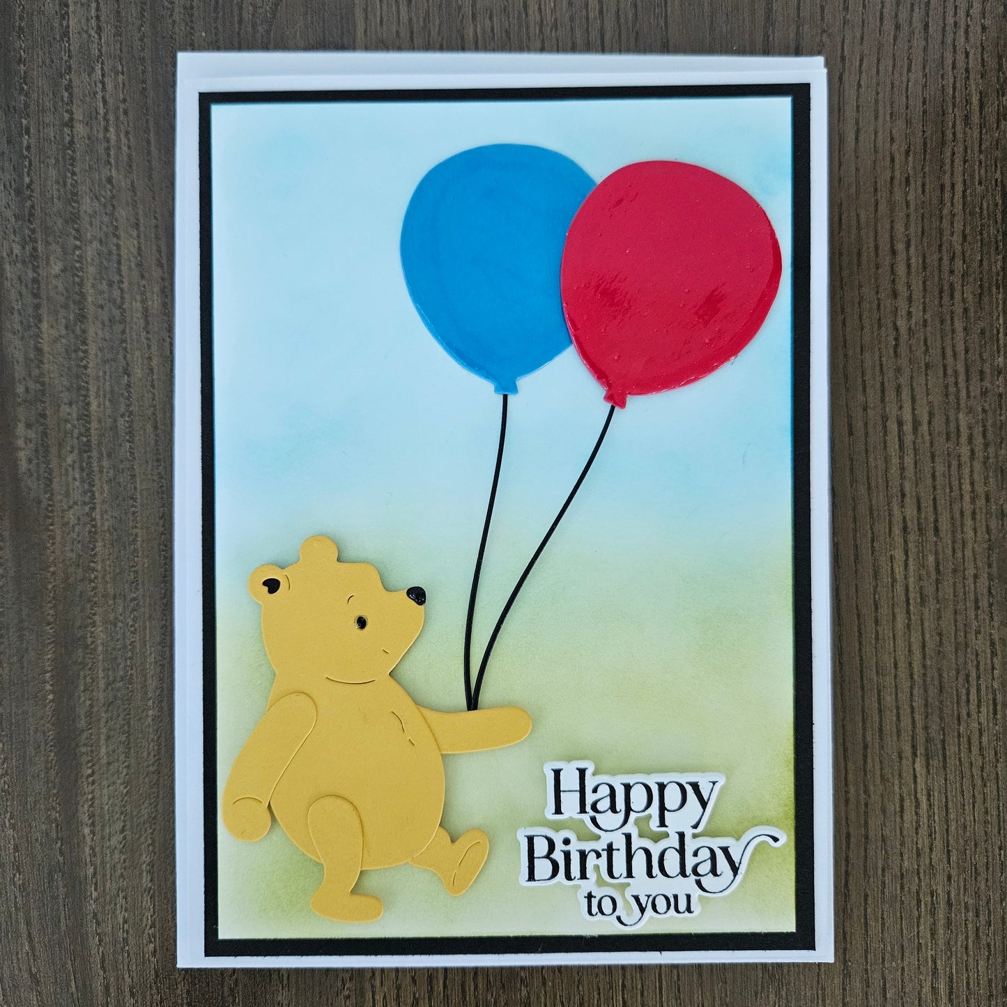 Handmade Winnie the Pooh Birthday Card, Die-Cut Hand-colored Card For Kids, Friendship Pooh Quote Card, Red and Blue Balloons, Crystal Effects Tiddly Pom Cards