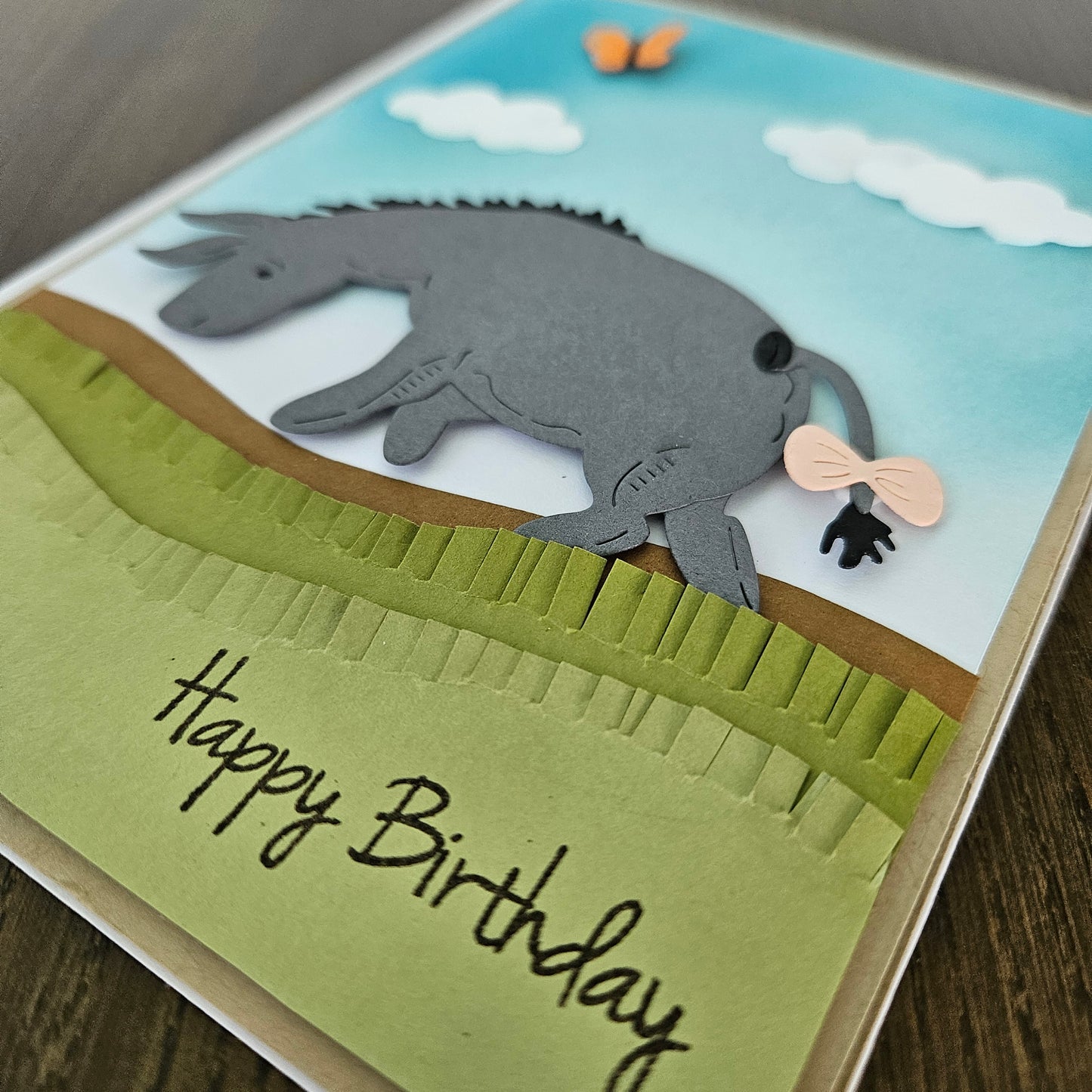 Handmade Birthday Card, 3D Eeyore Die-Cut Design, Layered Card with Embossed Grass & Clouds, Winnie The Pooh Inspired Greeting Card