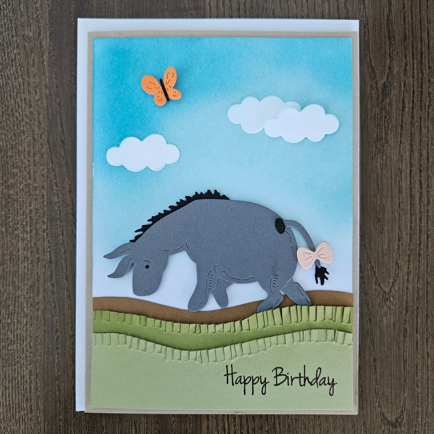Handmade Birthday Card, 3D Eeyore Die-Cut Design, Layered Card with Embossed Grass & Clouds, Winnie The Pooh Inspired Greeting Card