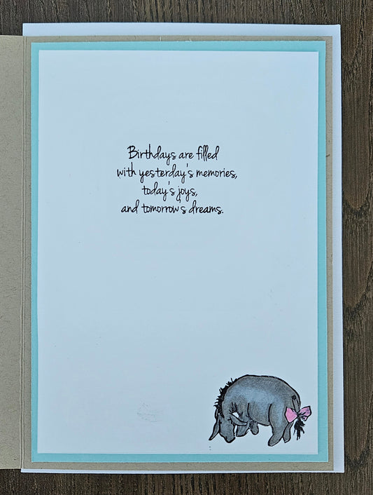 Handmade Birthday Card, 3D Eeyore Die-Cut Design, Layered Card with Embossed Grass & Clouds, Winnie The Pooh Inspired Greeting Card Tiddly Pom Cards