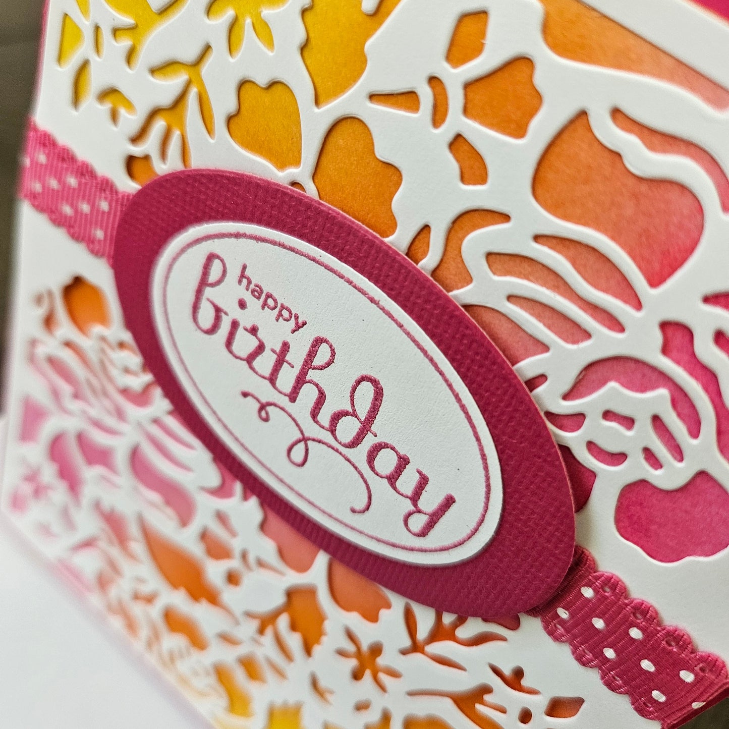 Handmade Birthday Card, Die-Cut Floral Flip Greeting Card, Pink & Sunset Ombre Tiddly Pom Cards