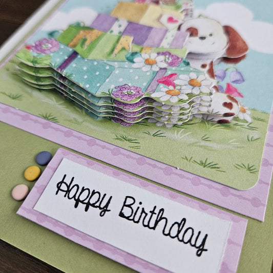 Handmade Birthday Card For Kids, 3D Puppy Decoupage Greeting Card, Pastel Dog Card For Pet Lovers