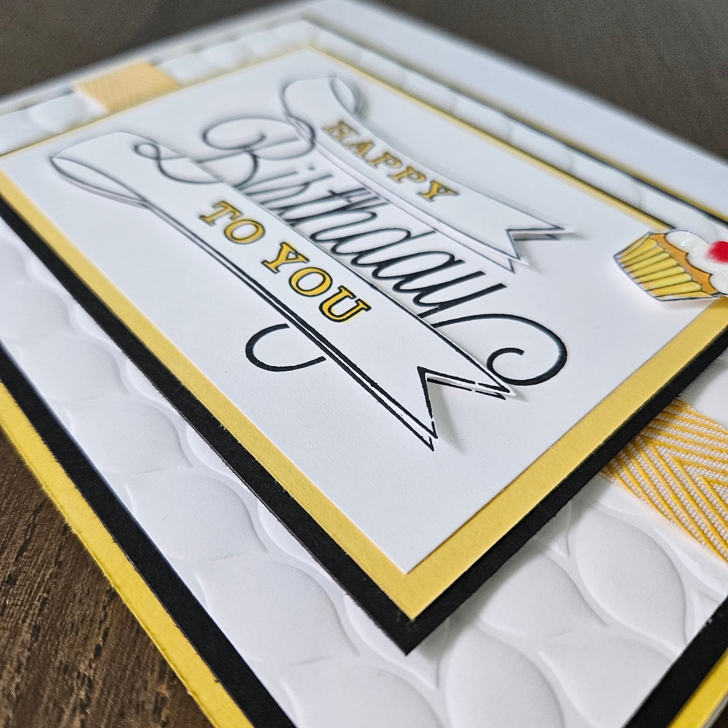 Handmade Birthday Card, Hand-Colored Layered Die-Cut Embossed Greeting Card, Cupcake Design Tiddly Pom Cards