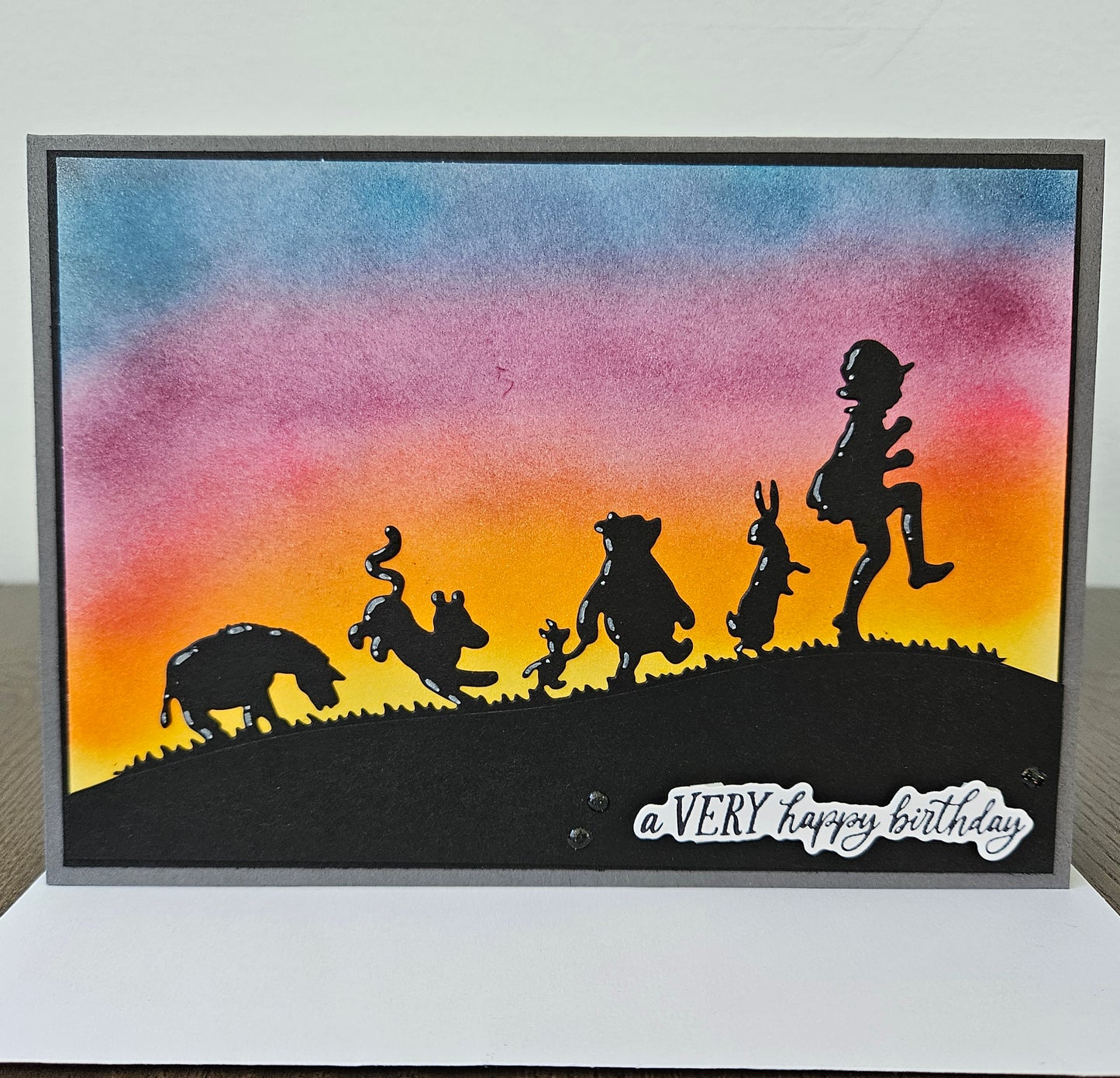 Handmade Winnie the Pooh Birthday Card, 5x7 Sunset Silhouette Design, Tigger Piglet Eeyore & Friends, Celebration Card for Fans & Kids at Heart