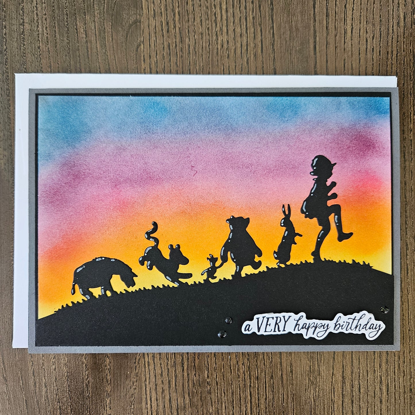 Handmade Winnie the Pooh Birthday Card, 5x7 Sunset Silhouette Design, Tigger Piglet Eeyore & Friends, Celebration Card for Fans & Kids at Heart