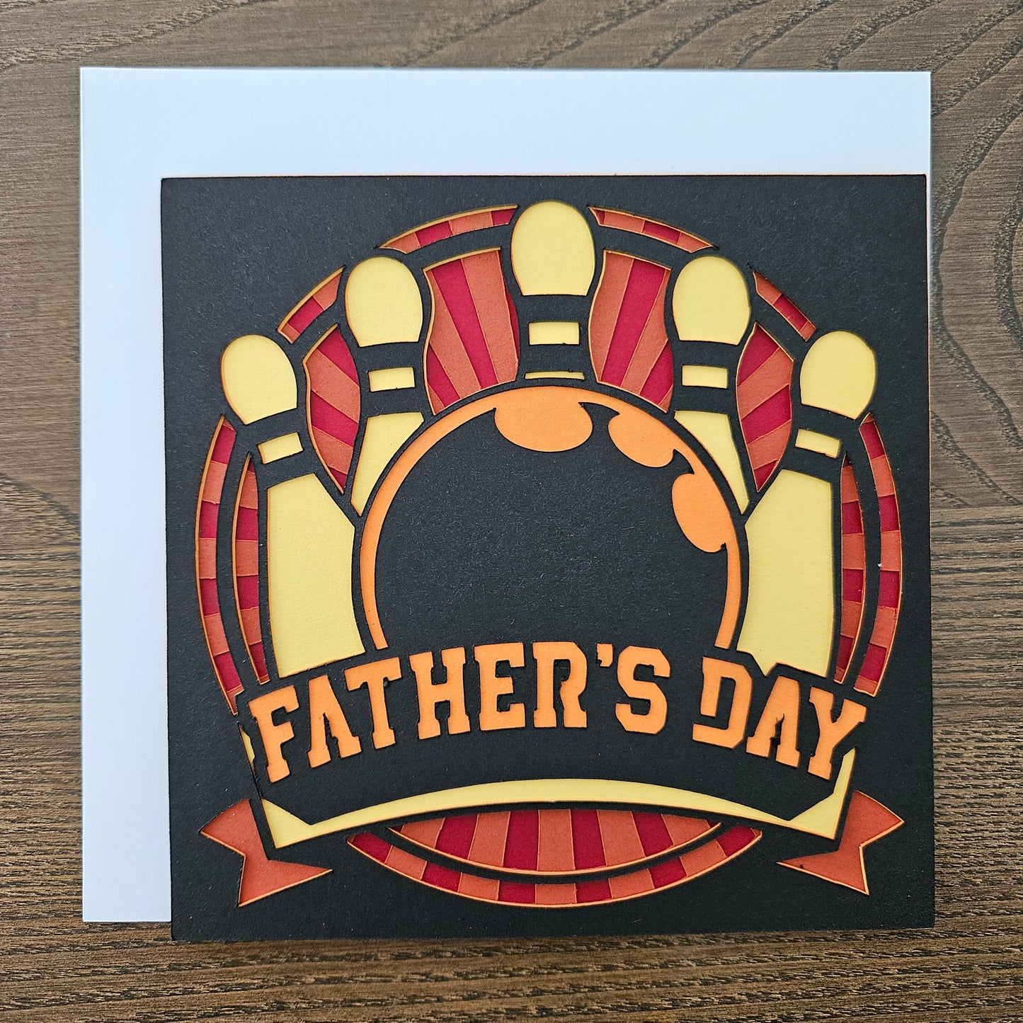 Handmade Father’s Day Card – Bowling Themed – Striking 6x6 Design Die-Cut Layered Card – Sports Lovers Greeting Card, Personalized Gift