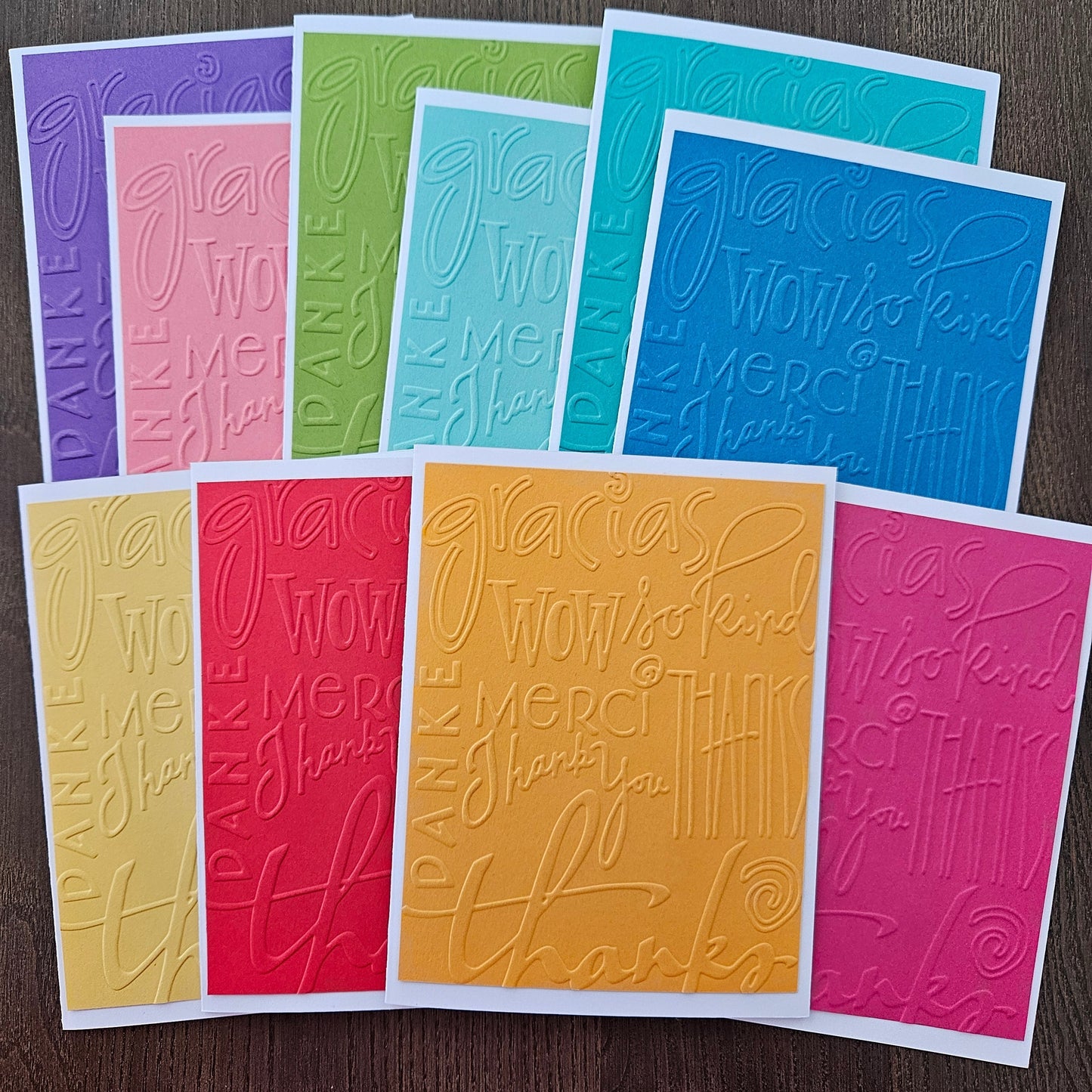 Embossed Thank You Note Cards, Handmade Bright Colors Stationery, Set of 10 Tiddly Pom Cards