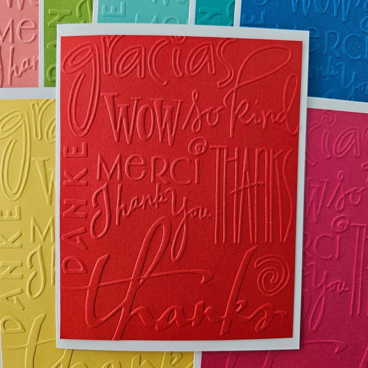 Embossed Thank You Note Cards, Handmade Bright Colors Stationery, Set of 10 Tiddly Pom Cards