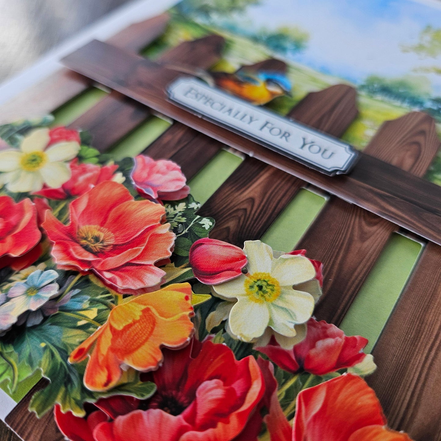 Handmade Just Because Card, 3D Decoupage Thinking Of You Greeting Card, Sweet Red Bouquet & Bluebird Tiddly Pom Cards