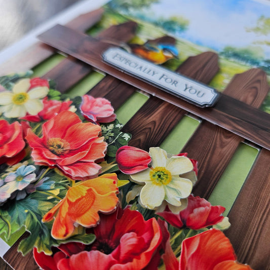 Handmade Just Because Card, 3D Decoupage Thinking Of You Greeting Card, Sweet Red Bouquet & Bluebird Tiddly Pom Cards