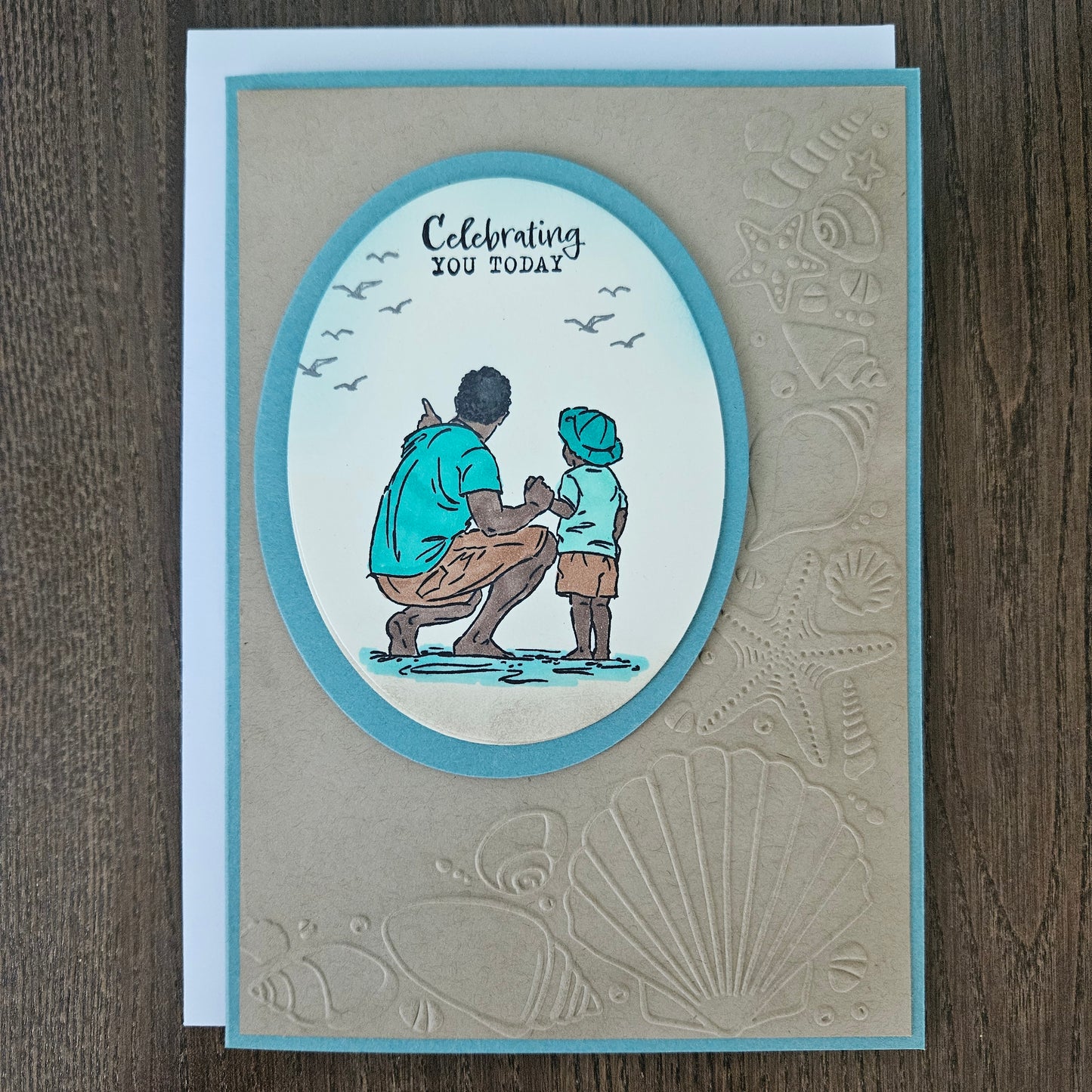 Handmade Beach Birthday Card for Dad or Grandpa, 5x7 Ocean Scene, Hand-Colored Father & Son Card, Nautical Embossed Shell Design