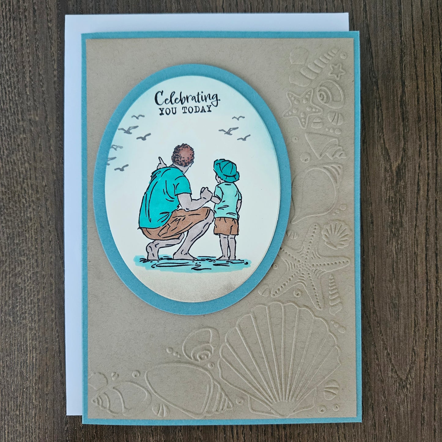 Handmade Beach Birthday Card for Dad or Grandpa, 5x7 Ocean Scene, Hand-Colored Father & Son Card, Nautical Embossed Shell Design