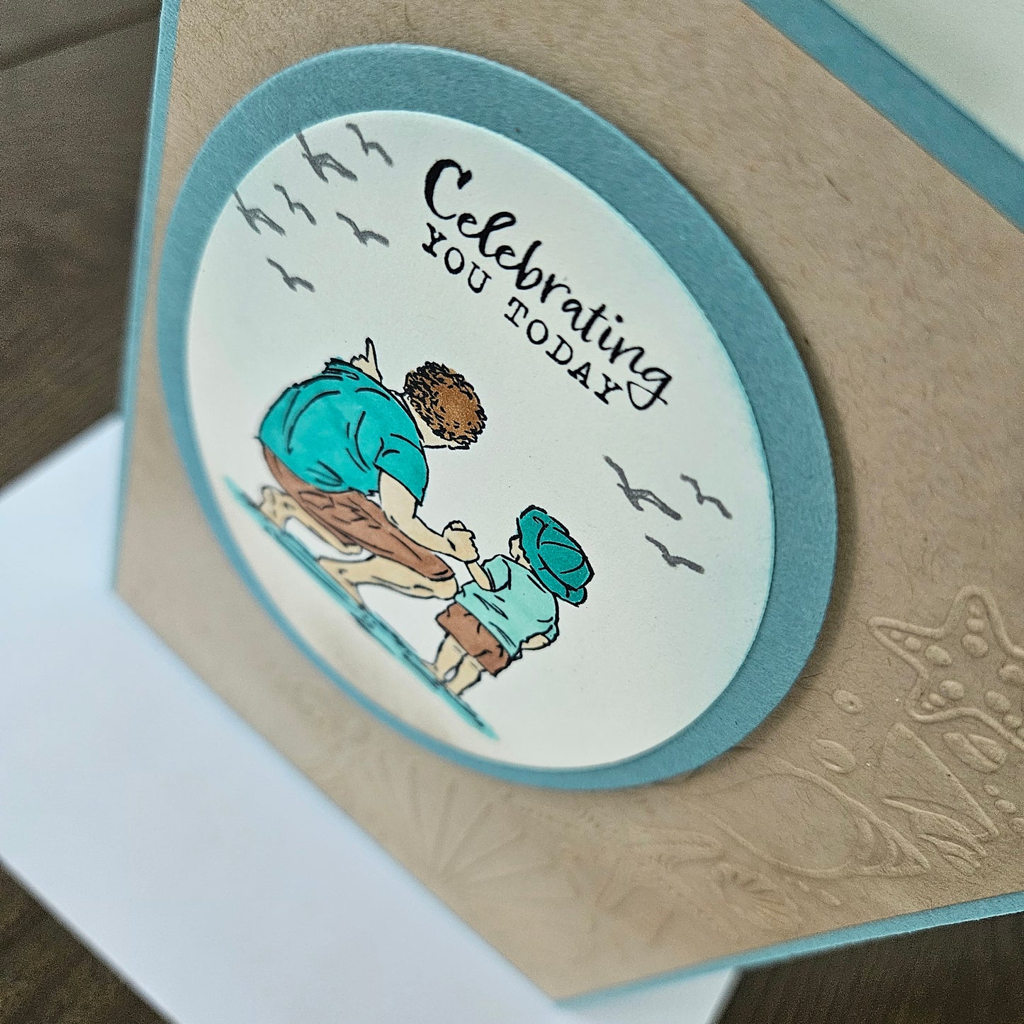 Handmade Beach Birthday Card for Dad or Grandpa, 5x7 Ocean Scene, Hand-Colored Father & Son Card, Nautical Embossed Shell Design