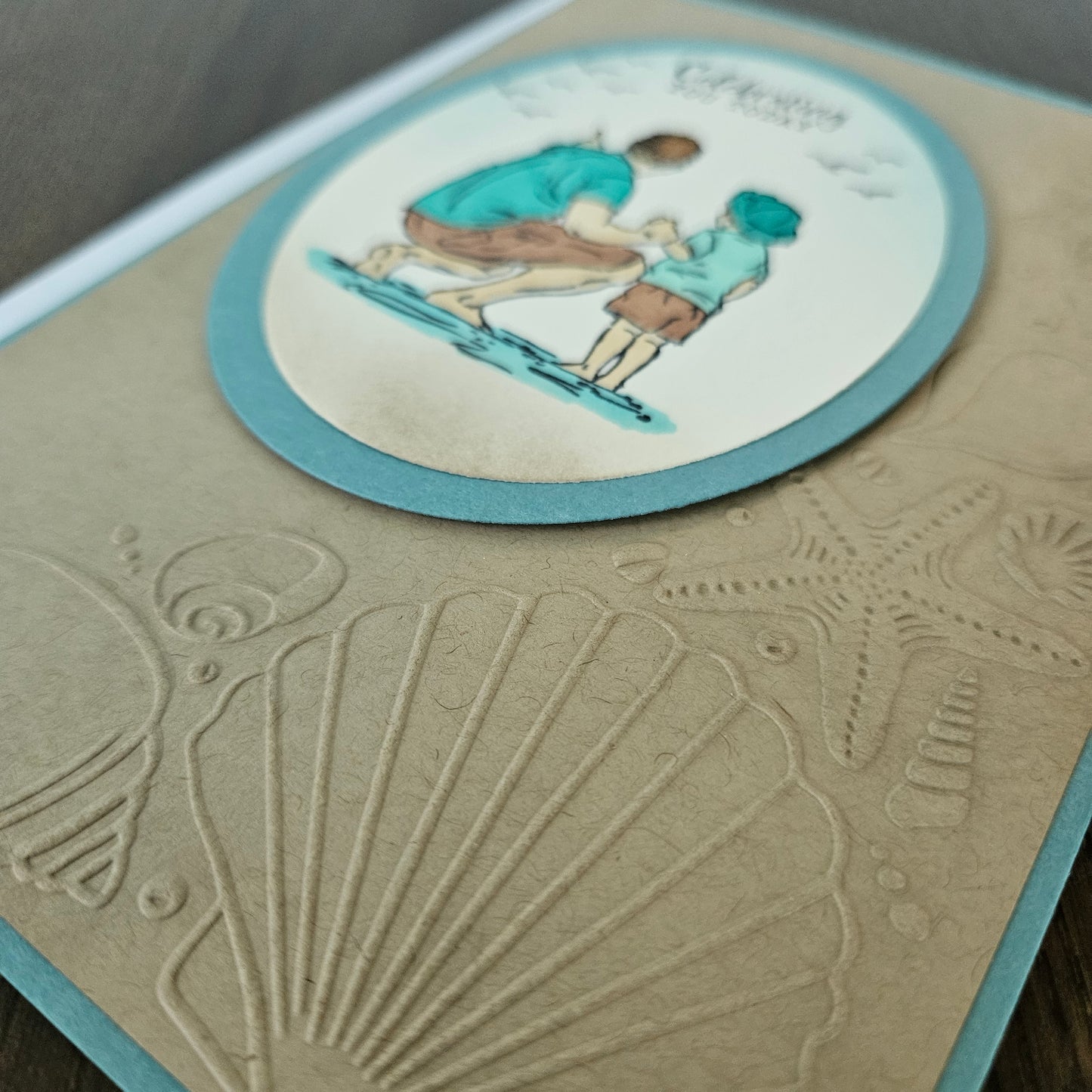 Handmade Beach Birthday Card for Dad or Grandpa, 5x7 Ocean Scene, Hand-Colored Father & Son Card, Nautical Embossed Shell Design