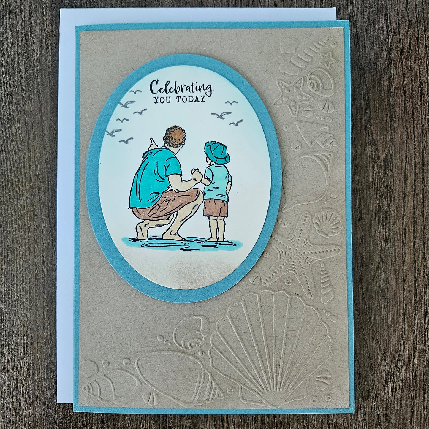 Handmade Beach Birthday Card for Dad or Grandpa, 5x7 Ocean Scene, Hand-Colored Father & Son Card, Nautical Embossed Shell Design