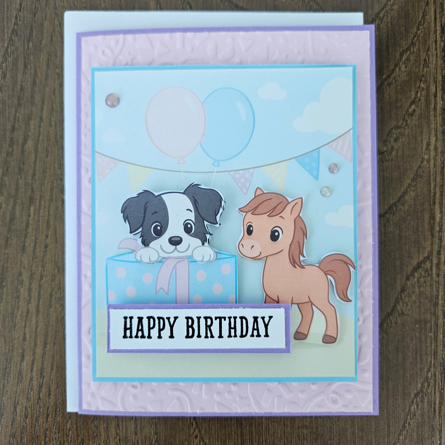 Handmade Birthday Card - Puppy and Pony, Embossed Decoupage Design, Pastel Card for Kids