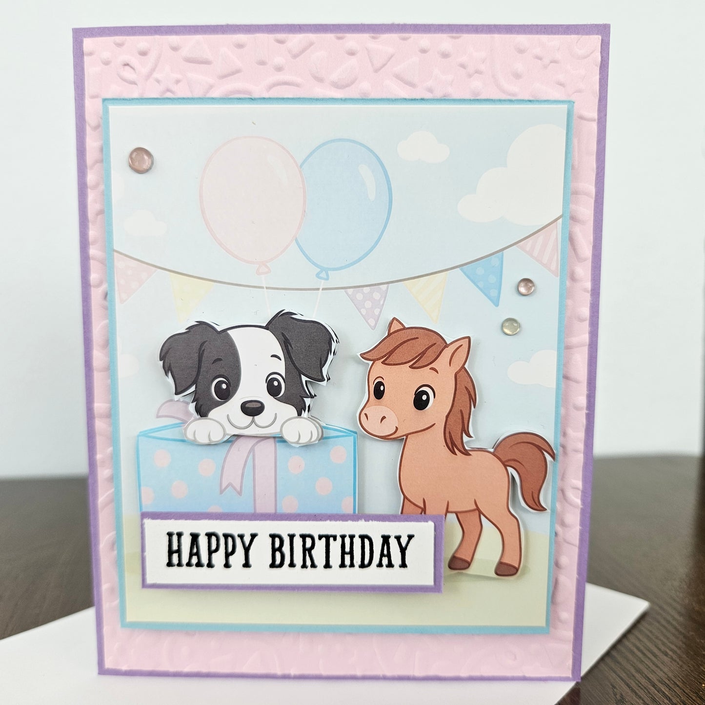 Handmade Birthday Card - Puppy and Pony, Embossed Decoupage Design, Pastel Card for Kids