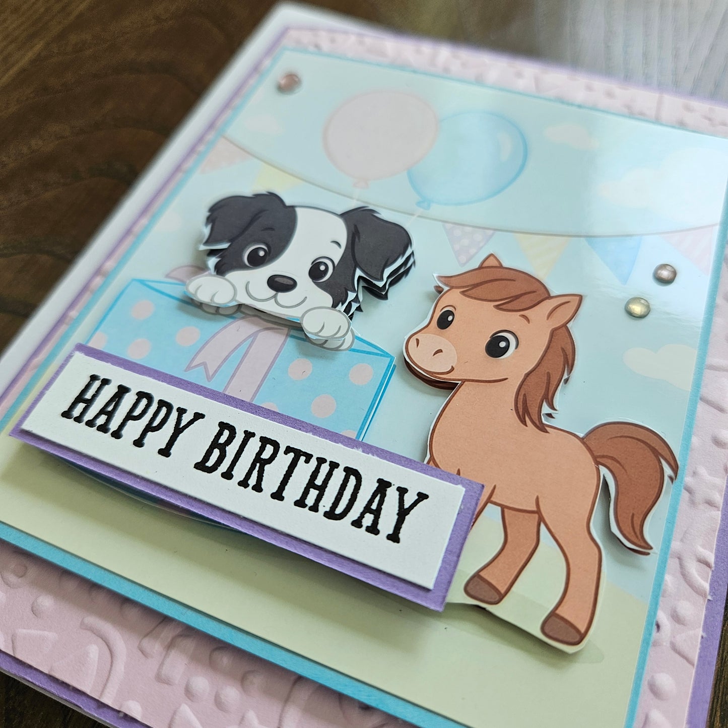 Handmade Birthday Card - Puppy and Pony, Embossed Decoupage Design, Pastel Card for Kids