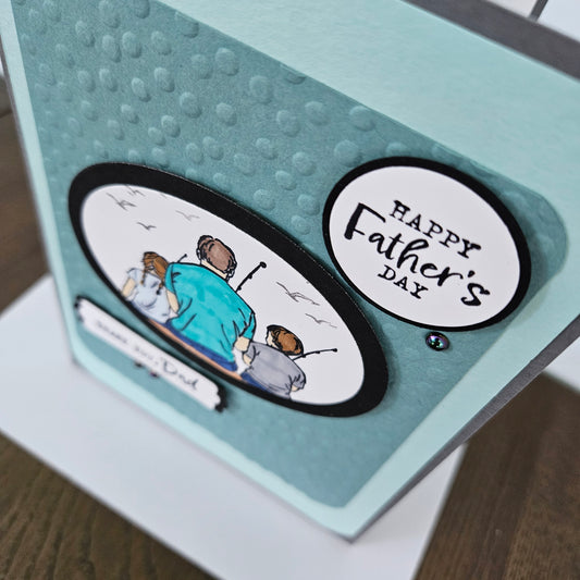 Father's Day Card for Dad, Handmade Fishing Dad and Kids Hand-Colored, Thank You Dad Keepsake