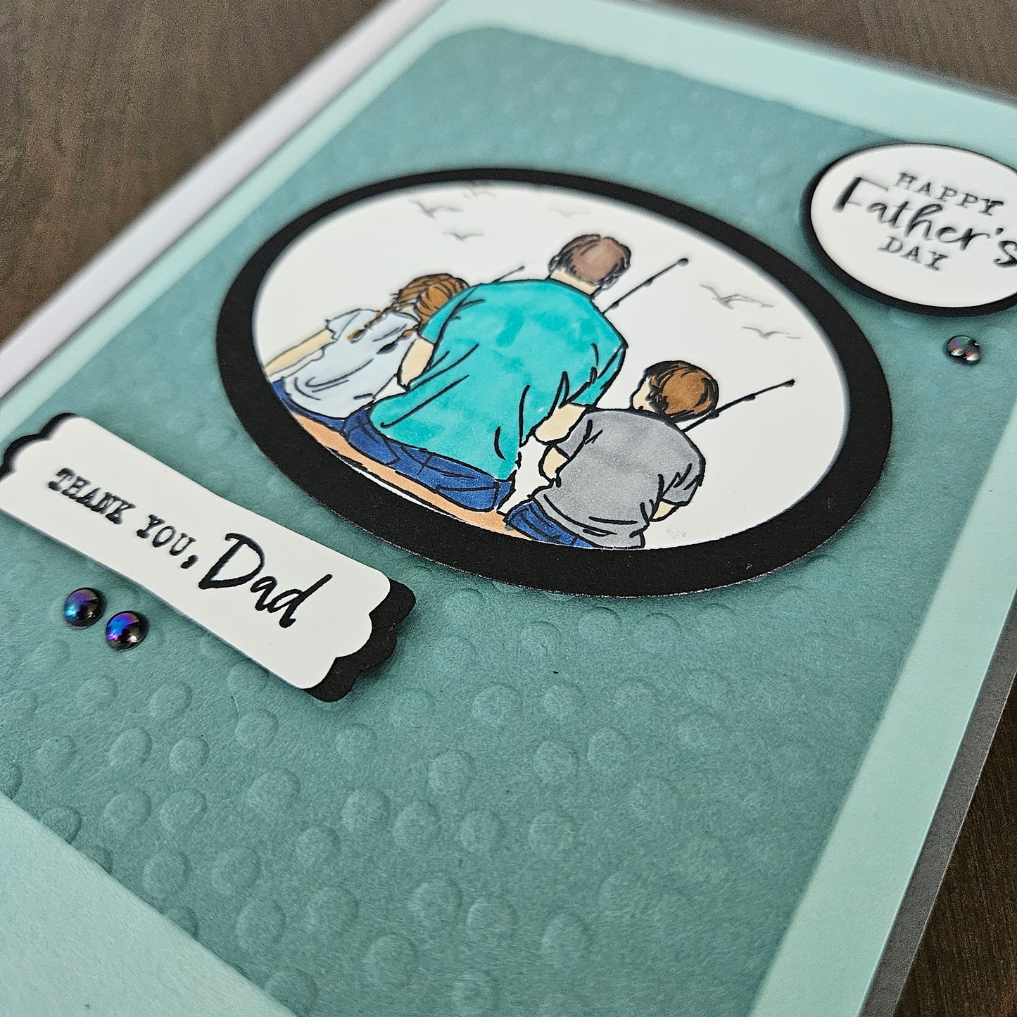 Father's Day Card for Dad, Handmade Fishing Dad and Kids Hand-Colored, Thank You Dad Keepsake