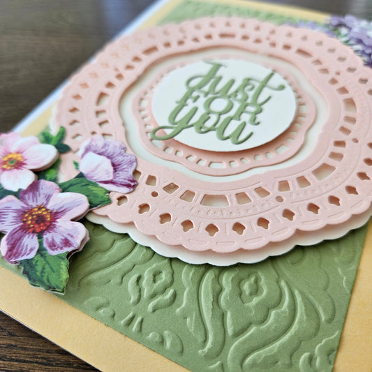 Handmade Just Because Card, 3D Decoupage Thinking Of You Greeting Card, Floral Lace Delight Tiddly Pom Cards