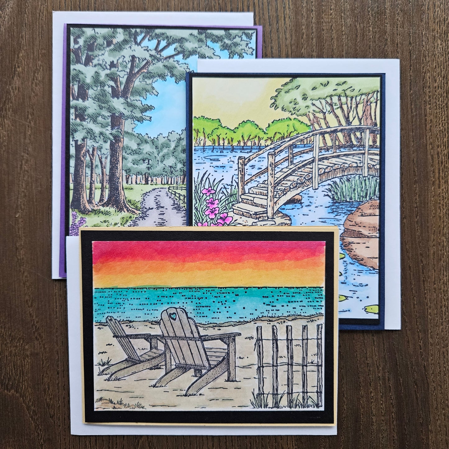 Handmade Card Bundle – Vibrant Hand-Colored Landscape Art Set of 3