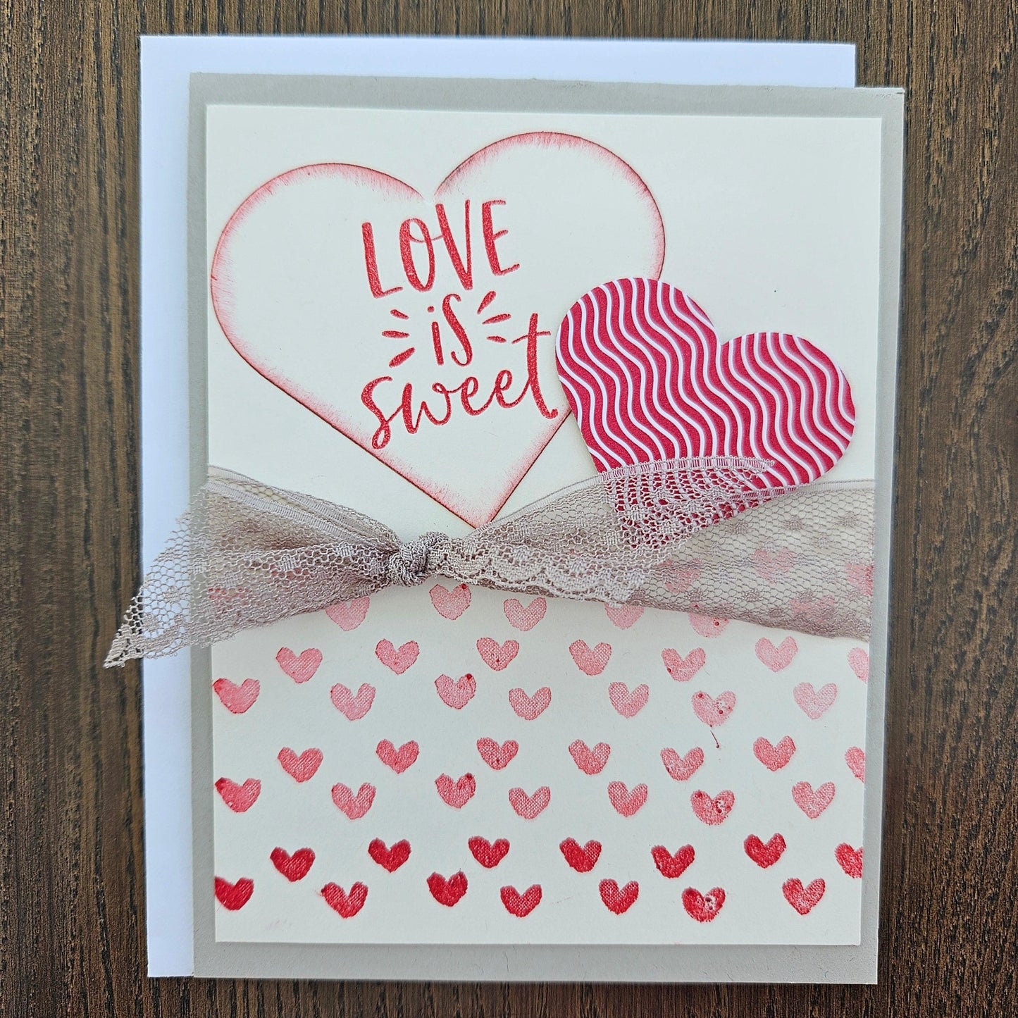 Handmade Valentine's Day Card, Romantic Greeting Card for Her, Anniversary, Just Because, Pink Hearts Design, "Love is Sweet"