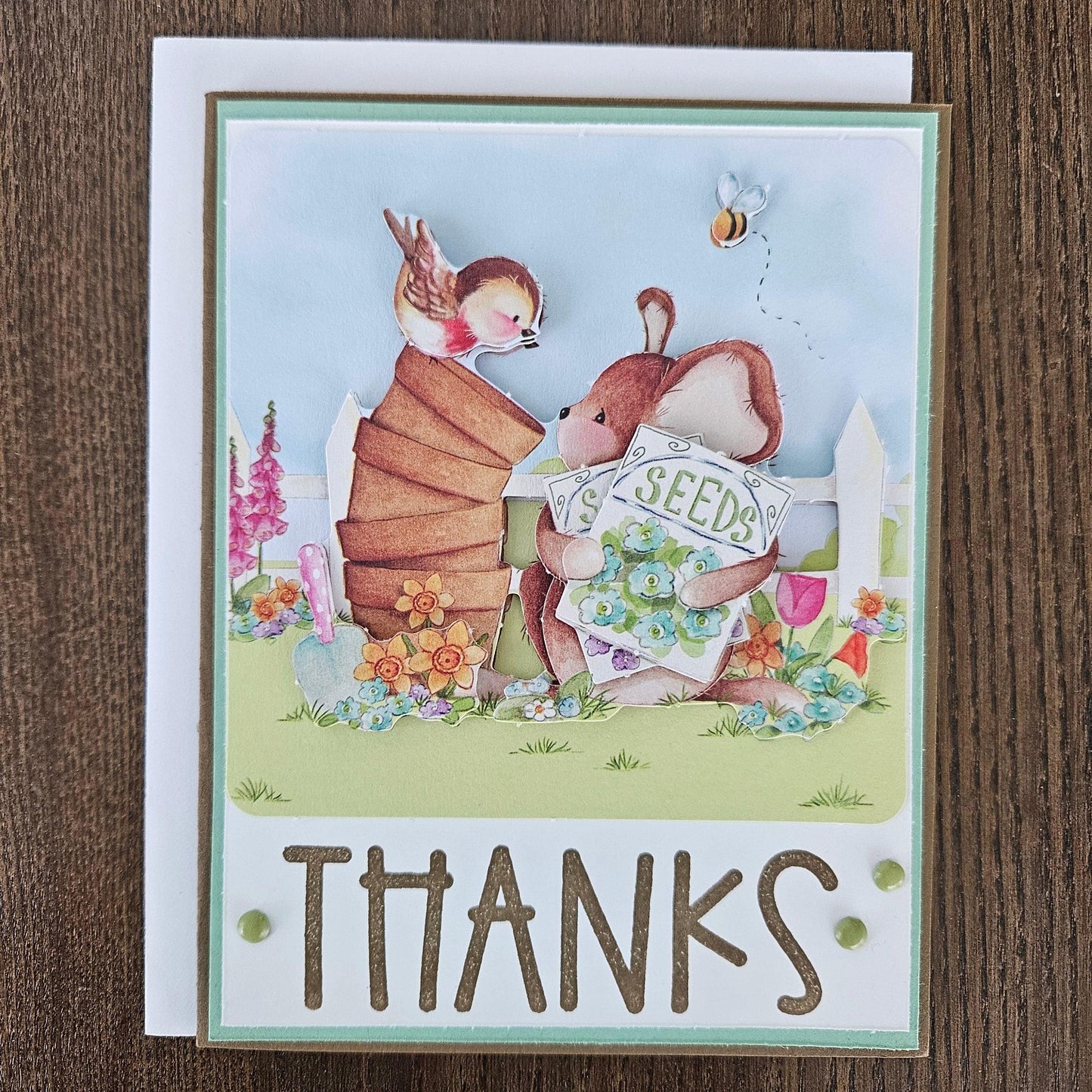 Handmade Thank You Card – Cute Mouse & Garden Scene – Colorful 3D Decoupage Design – Personalized Greeting Card Gift For Pet Lovers