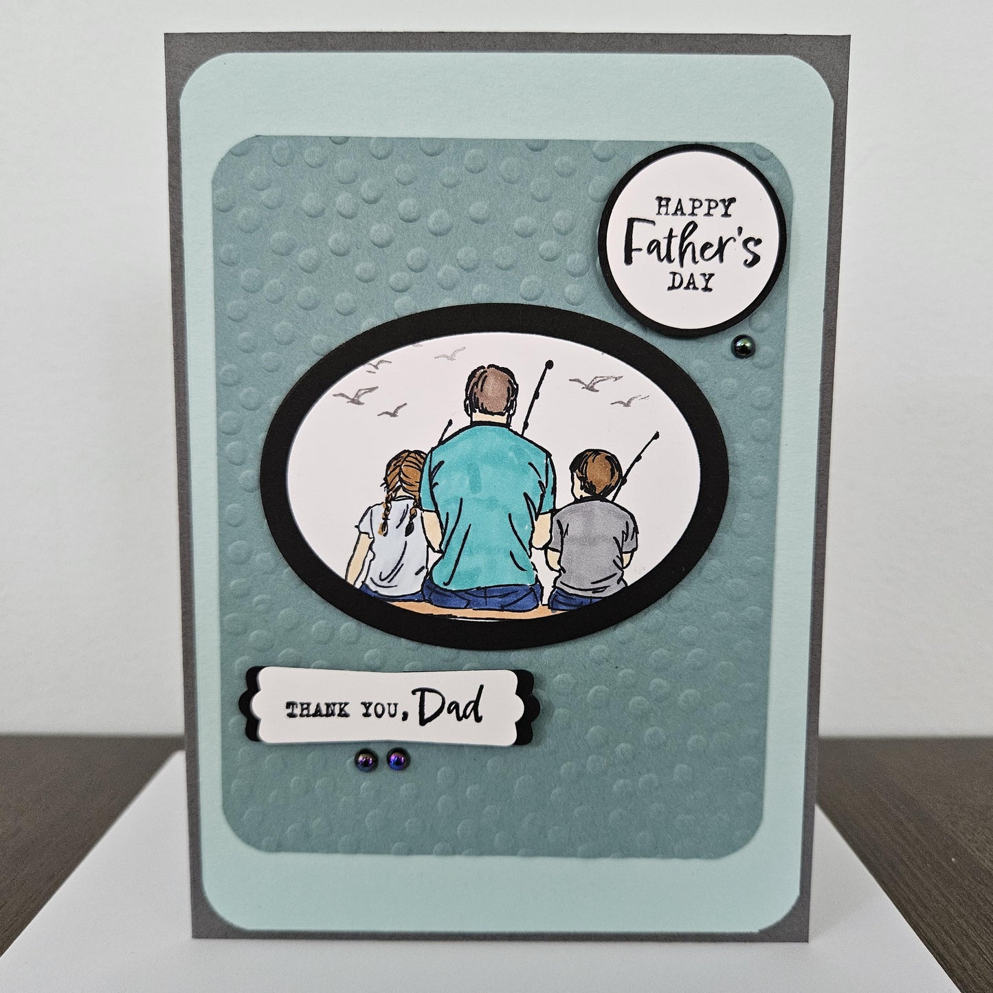 Handmade Father’s Day Card – Fishing Dad and Kids – Hand Colored, Stamped Design – Thank You Dad Card, Personalized Gift For Him, Stepdad Tiddly Pom Cards
