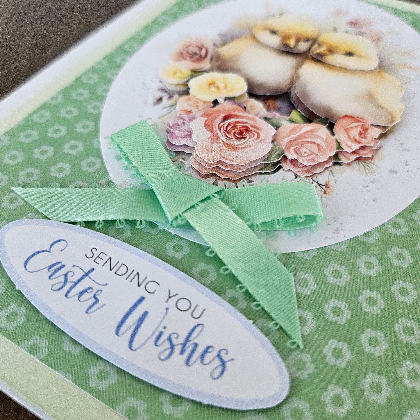 Handmade Easter Card, 3D Decoupage, Personalized Greeting Card, Green Easter Wishes, Gift For Animal Lovers Tiddly Pom Cards