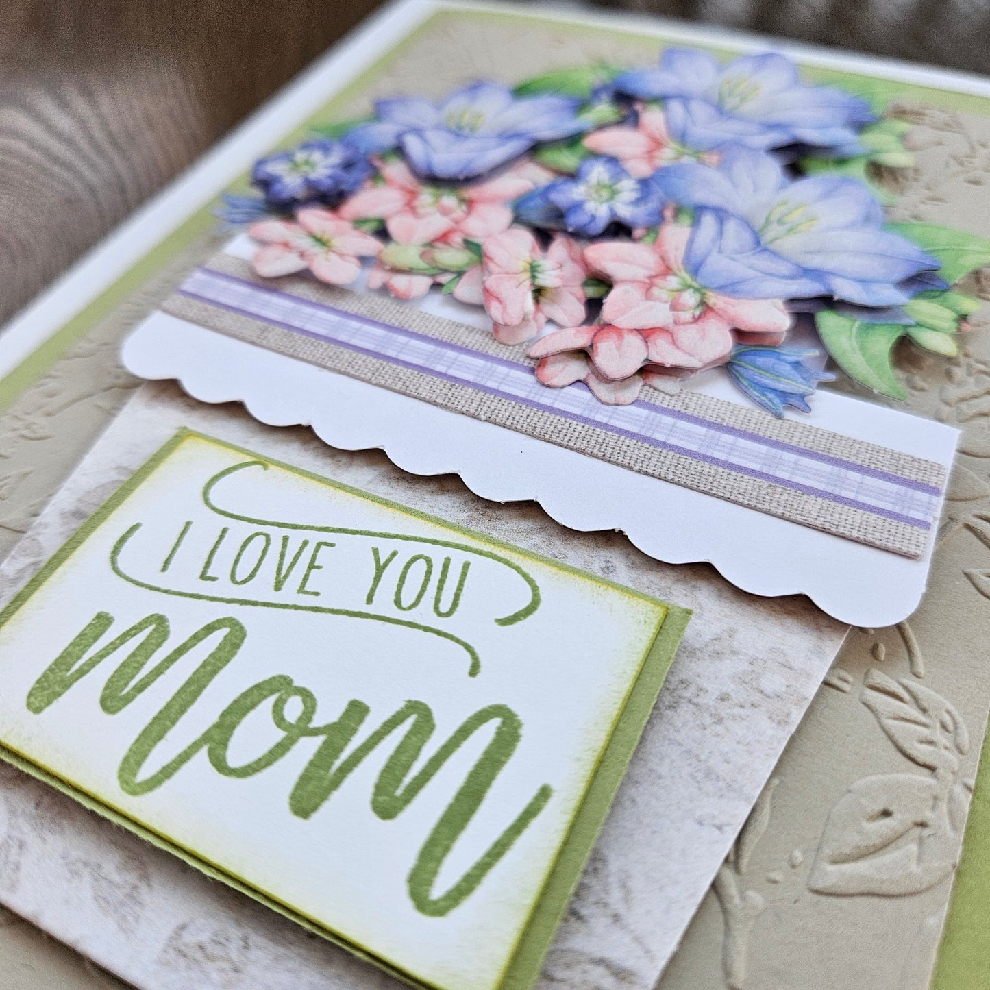Handmade Mother’s Day Card, 3D Decoupage Design, Pastel Colored Greeting Card Gift For Mom, Floral Bouquet Bliss Tiddly Pom Cards