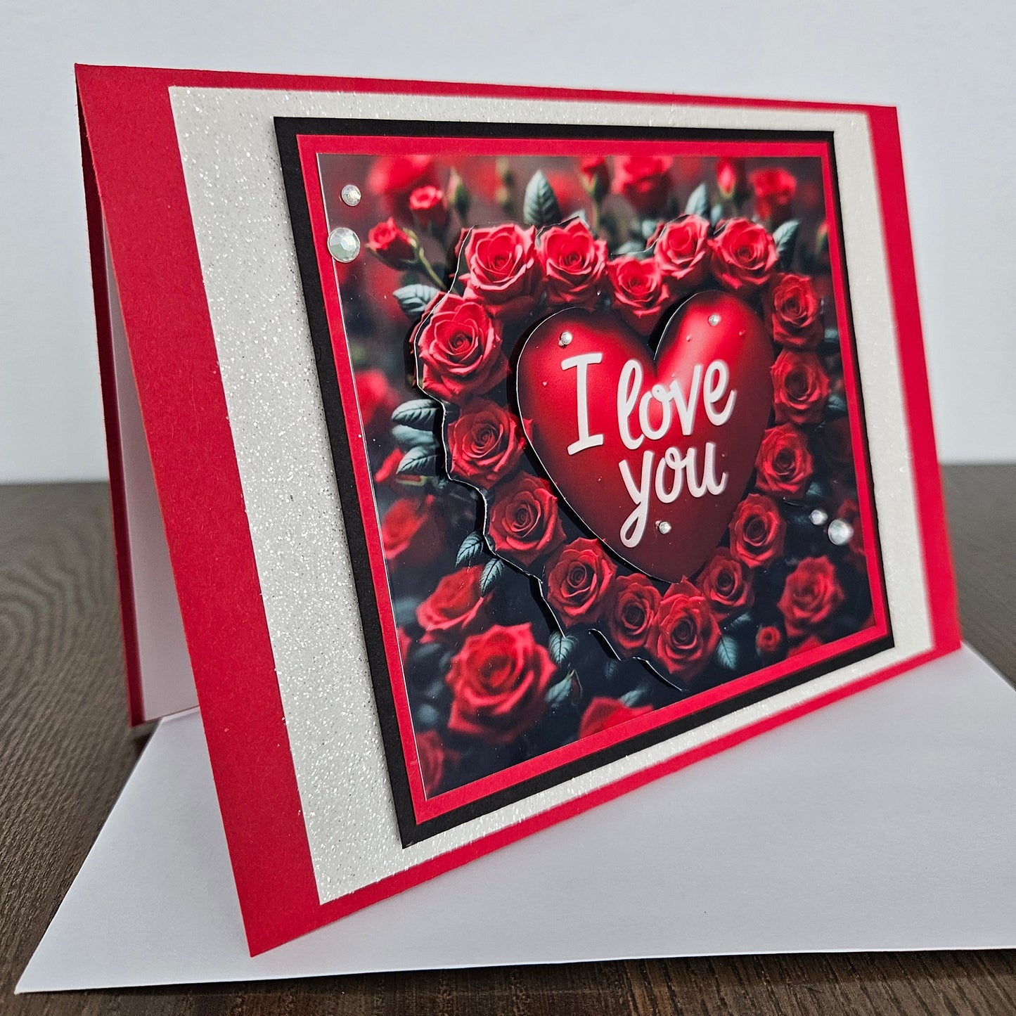 Handmade Valentines Day Card, Romantic Greeting Card For Anniversary or Just Because, 3D Decoupage Red Roses, I Love You Heart Tiddly Pom Cards