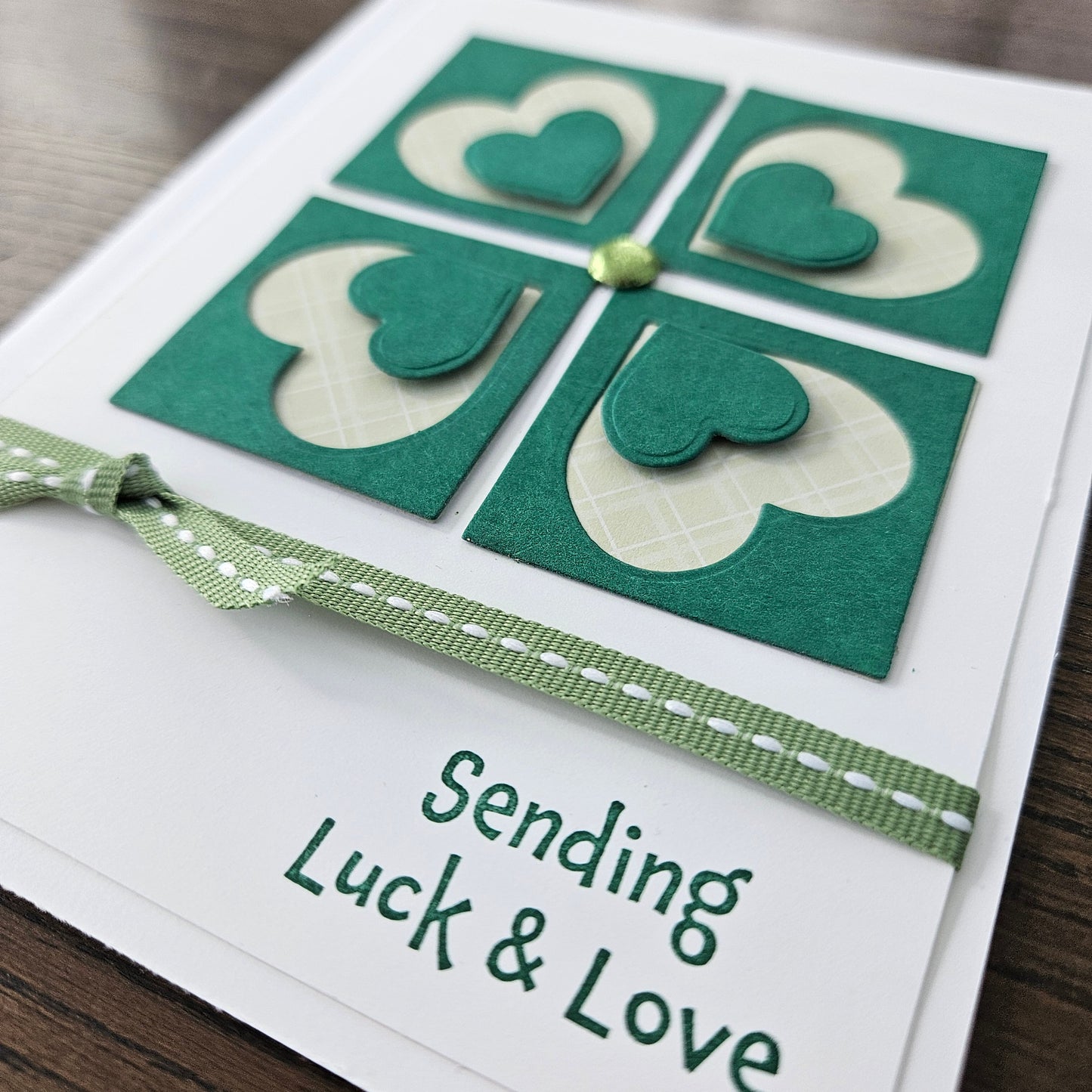 Handmade St. Patrick’s Day Card - Sending Luck & Love, Green Four Leaf Clover Tiddly Pom Cards