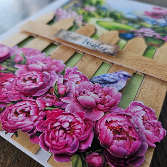Handmade Thinking Of You Card, Colorful 3D Decoupage Card, Personalized Best Wishes Greeting Card, Wooden Fence & Pink Blossoms Tiddly Pom Cards