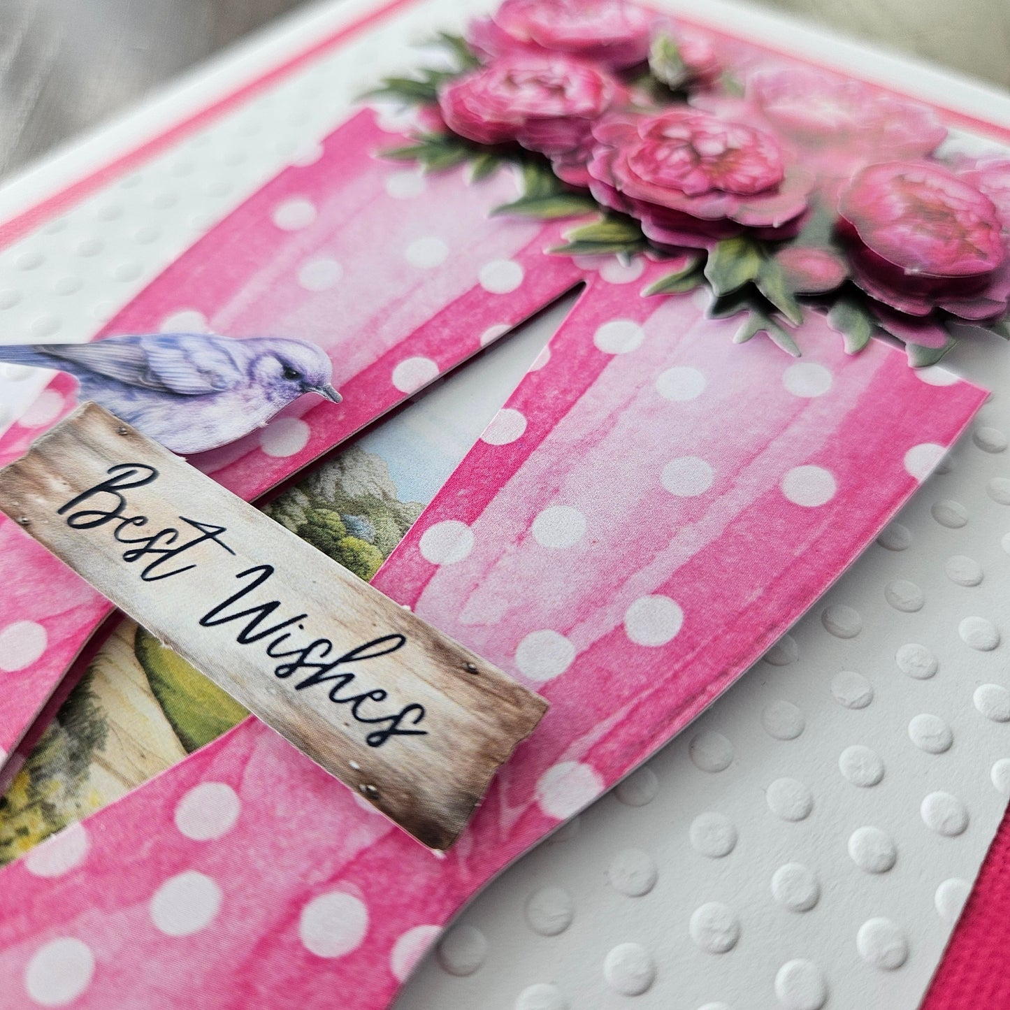 Handmade Best Wishes Card – Pink Boots & Peonies, Decoupage Design Tiddly Pom Cards